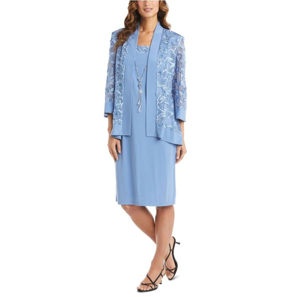 R & M Richards Womens 2 Piece with Necklace Dress Suit, Blue, 18, DM